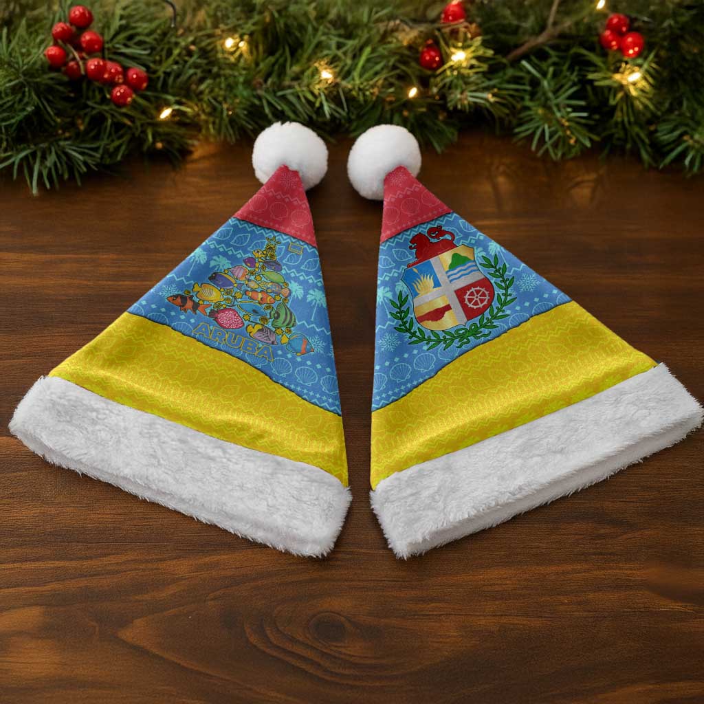 Aruba Christmas Santa Hat with Fish Christmas Tree Aruba Flag and Red Blue Yellow Tropical Pattern Design - Wonder Print Shop