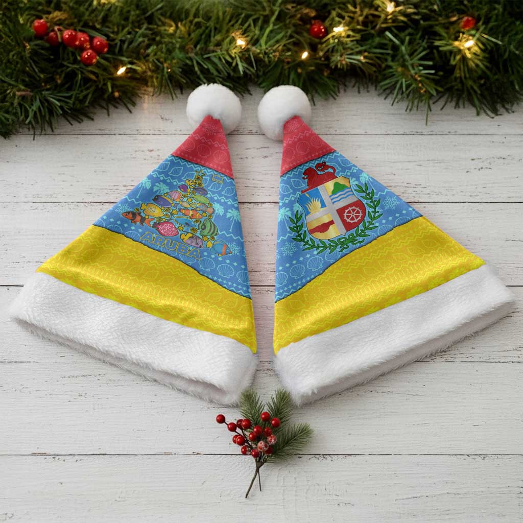 Aruba Christmas Santa Hat with Fish Christmas Tree Aruba Flag and Red Blue Yellow Tropical Pattern Design - Wonder Print Shop