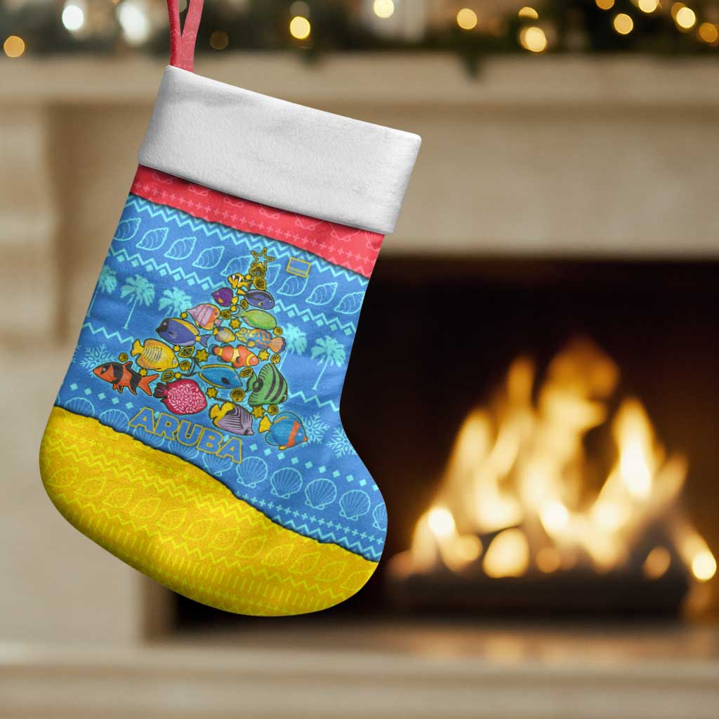 Aruba Christmas Stocking with Fish Christmas Tree Aruba Flag and Red Blue Yellow Tropical Pattern Design - Wonder Print Shop