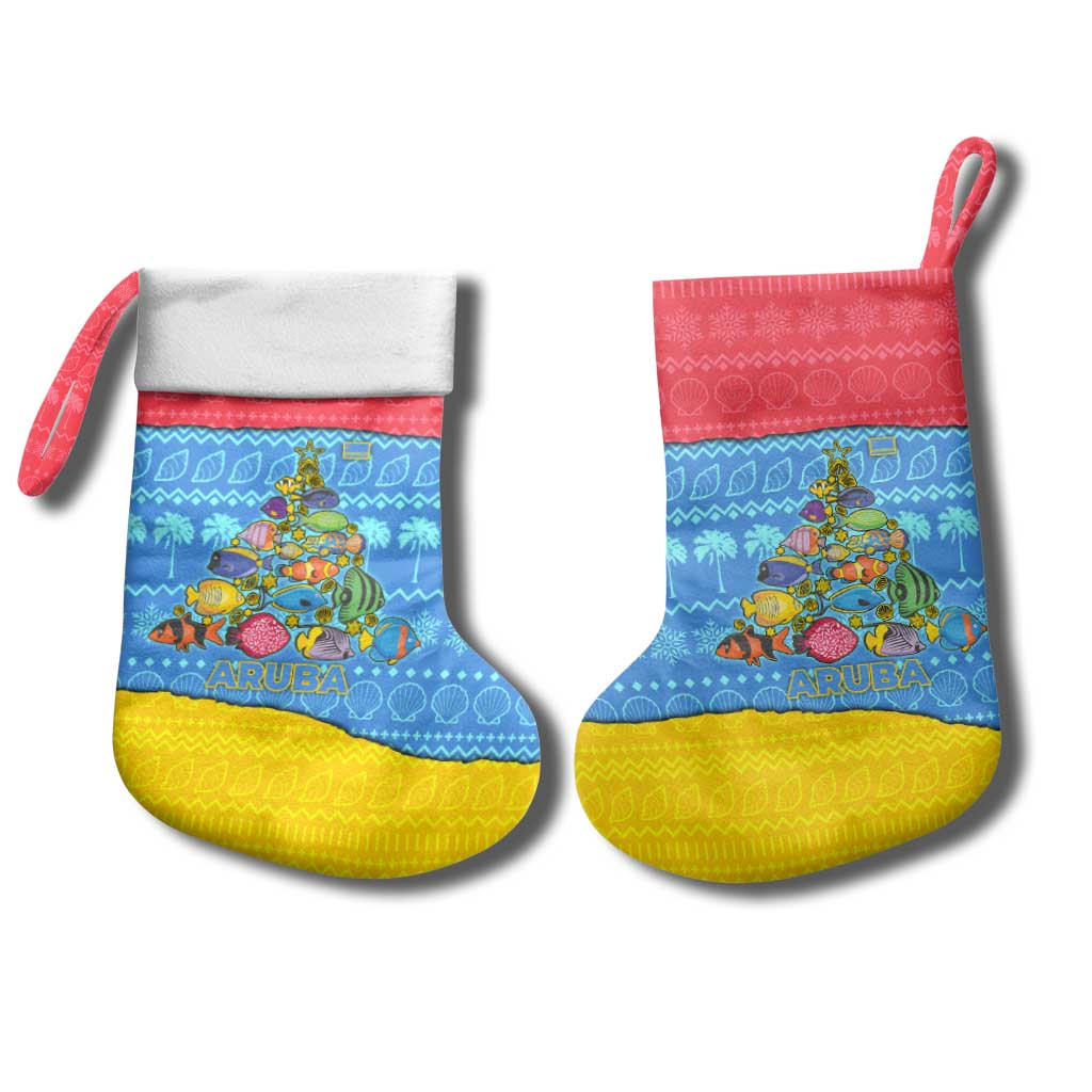 Aruba Christmas Stocking with Fish Christmas Tree Aruba Flag and Red Blue Yellow Tropical Pattern Design - Wonder Print Shop