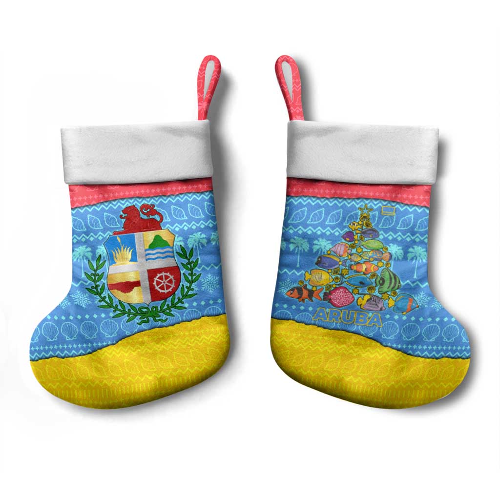Aruba Christmas Stocking with Fish Christmas Tree Aruba Flag and Red Blue Yellow Tropical Pattern Design - Wonder Print Shop