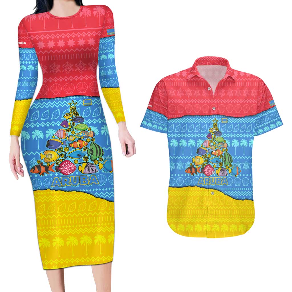 Aruba Christmas Couples Matching Long Sleeve Bodycon Dress and Hawaiian Shirt with Fish Christmas Tree Aruba Flag and Red Blue Yellow Tropical Pattern Design - Wonder Print Shop