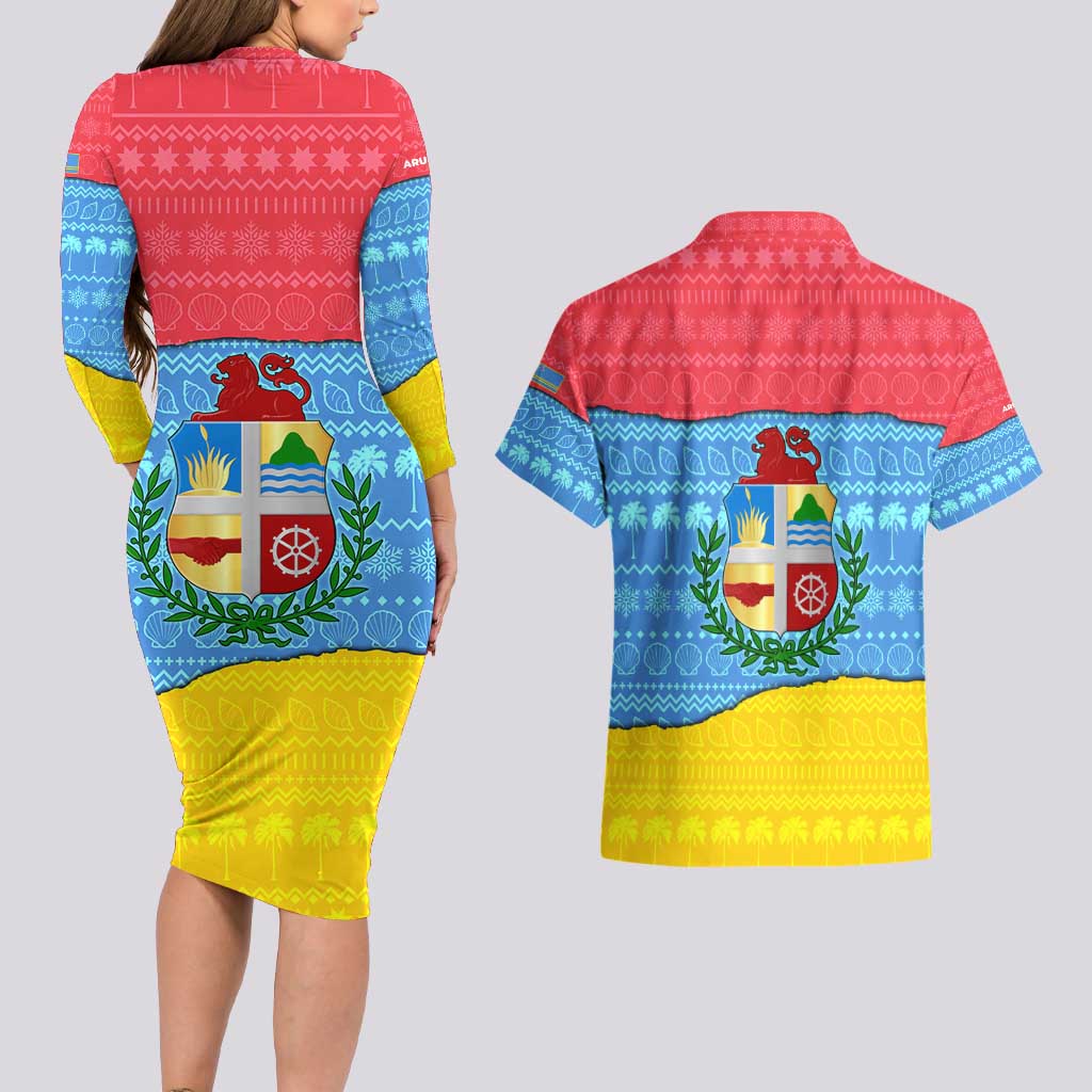 Aruba Christmas Couples Matching Long Sleeve Bodycon Dress and Hawaiian Shirt with Fish Christmas Tree Aruba Flag and Red Blue Yellow Tropical Pattern Design - Wonder Print Shop
