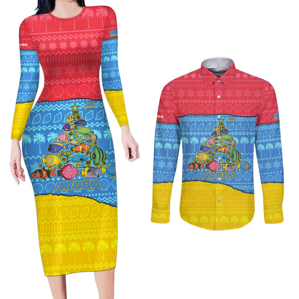 Aruba Christmas Couples Matching Long Sleeve Bodycon Dress and Long Sleeve Button Shirt with Fish Christmas Tree Aruba Flag and Red Blue Yellow Tropical Pattern Design - Wonder Print Shop