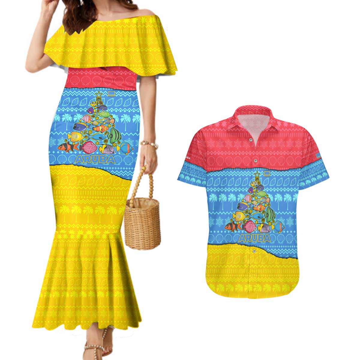 Aruba Christmas Couples Matching Mermaid Dress and Hawaiian Shirt with Fish Christmas Tree Aruba Flag and Red Blue Yellow Tropical Pattern Design - Wonder Print Shop