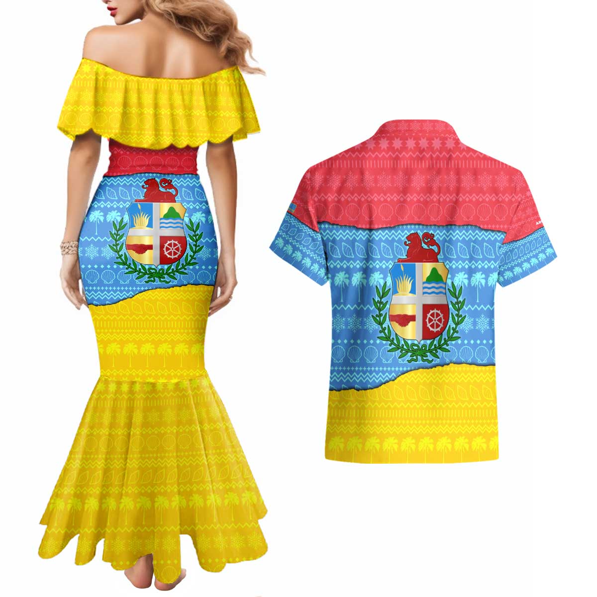 Aruba Christmas Couples Matching Mermaid Dress and Hawaiian Shirt with Fish Christmas Tree Aruba Flag and Red Blue Yellow Tropical Pattern Design - Wonder Print Shop