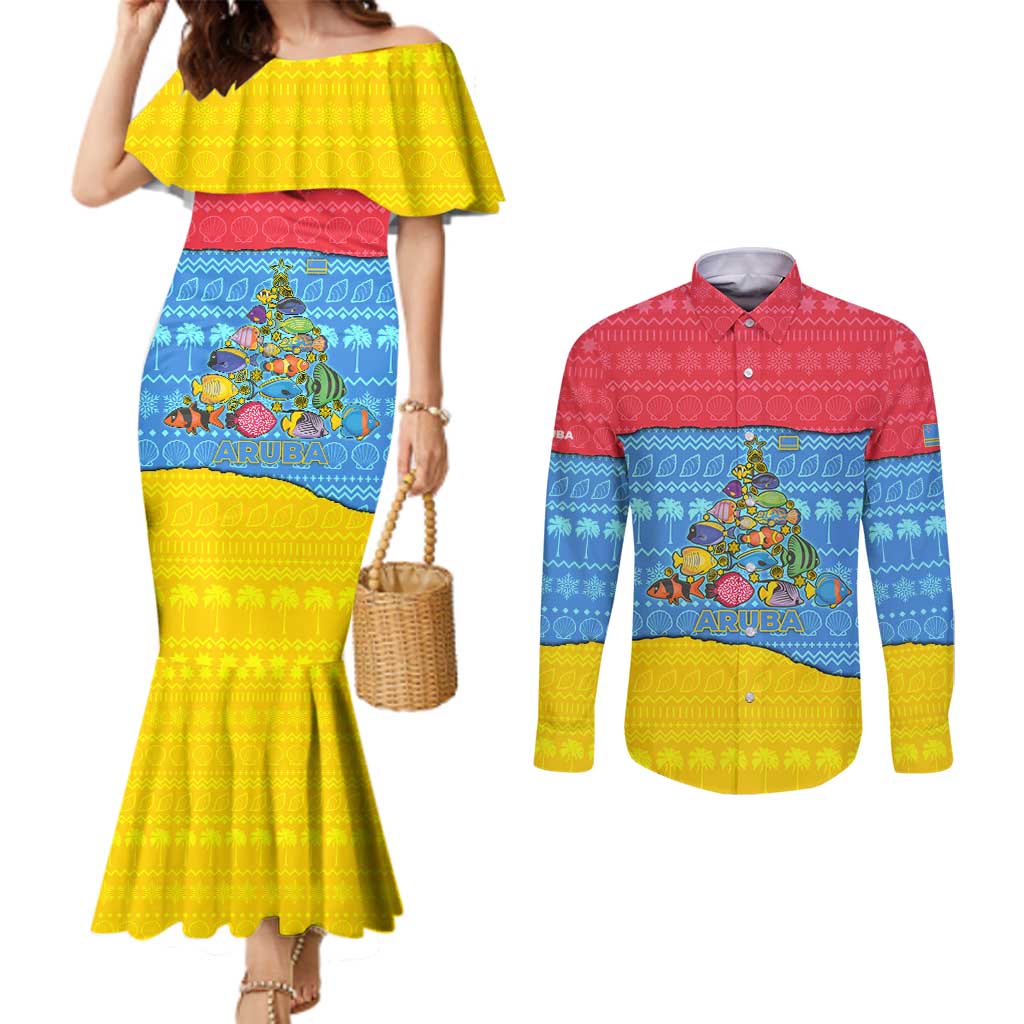 Aruba Christmas Couples Matching Mermaid Dress and Long Sleeve Button Shirt with Fish Christmas Tree Aruba Flag and Red Blue Yellow Tropical Pattern Design - Wonder Print Shop