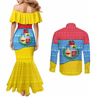 Aruba Christmas Couples Matching Mermaid Dress and Long Sleeve Button Shirt with Fish Christmas Tree Aruba Flag and Red Blue Yellow Tropical Pattern Design - Wonder Print Shop
