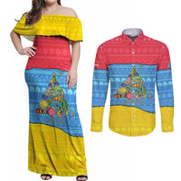 Aruba Christmas Couples Matching Off Shoulder Maxi Dress and Long Sleeve Button Shirt with Fish Christmas Tree Aruba Flag and Red Blue Yellow Tropical Pattern Design - Wonder Print Shop