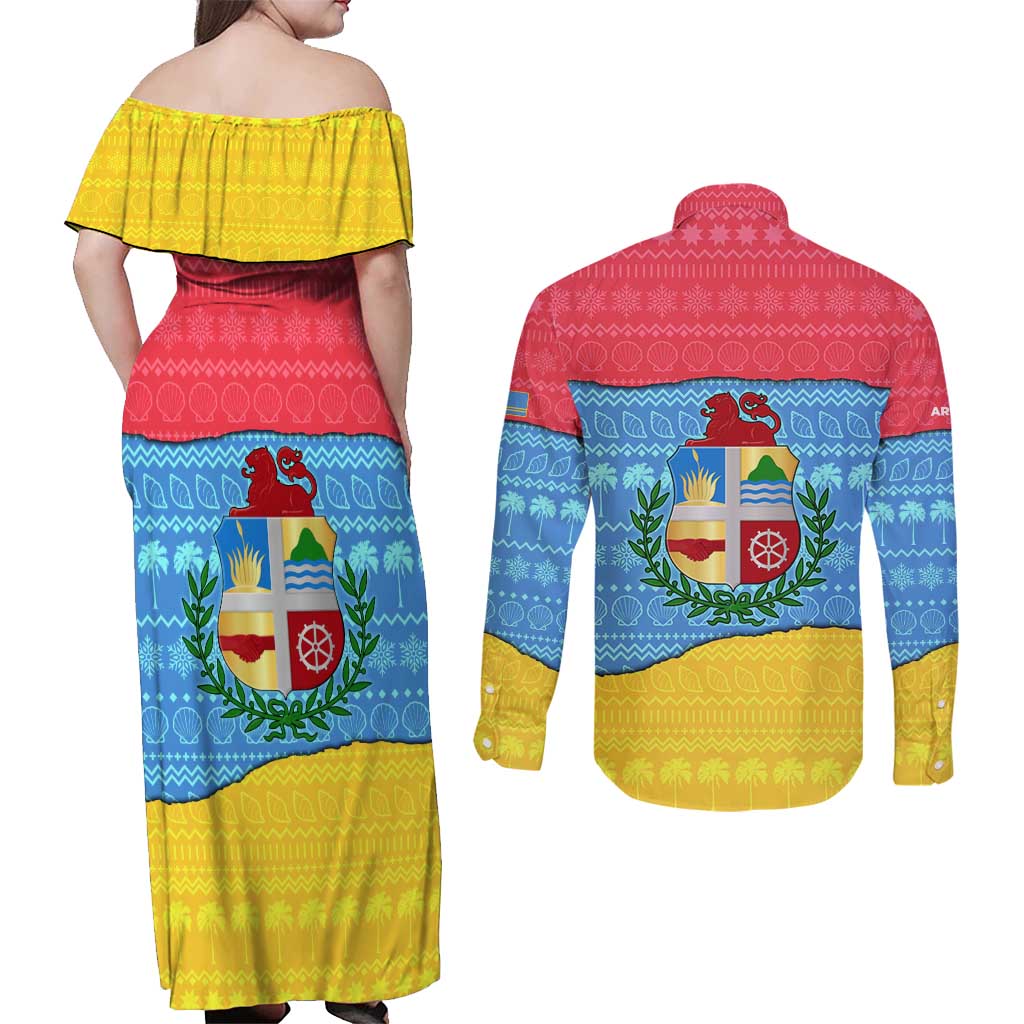 Aruba Christmas Couples Matching Off Shoulder Maxi Dress and Long Sleeve Button Shirt with Fish Christmas Tree Aruba Flag and Red Blue Yellow Tropical Pattern Design - Wonder Print Shop