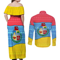 Aruba Christmas Couples Matching Off Shoulder Maxi Dress and Long Sleeve Button Shirt with Fish Christmas Tree Aruba Flag and Red Blue Yellow Tropical Pattern Design - Wonder Print Shop