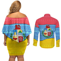 Aruba Christmas Couples Matching Off Shoulder Short Dress and Long Sleeve Button Shirt with Fish Christmas Tree Aruba Flag and Red Blue Yellow Tropical Pattern Design - Wonder Print Shop