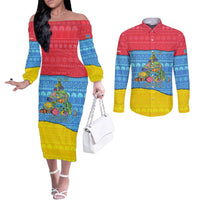 Aruba Christmas Couples Matching Off The Shoulder Long Sleeve Dress and Long Sleeve Button Shirt with Fish Christmas Tree Aruba Flag and Red Blue Yellow Tropical Pattern Design - Wonder Print Shop