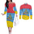 Aruba Christmas Couples Matching Off The Shoulder Long Sleeve Dress and Long Sleeve Button Shirt with Fish Christmas Tree Aruba Flag and Red Blue Yellow Tropical Pattern Design - Wonder Print Shop