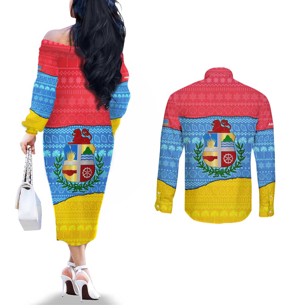 Aruba Christmas Couples Matching Off The Shoulder Long Sleeve Dress and Long Sleeve Button Shirt with Fish Christmas Tree Aruba Flag and Red Blue Yellow Tropical Pattern Design - Wonder Print Shop