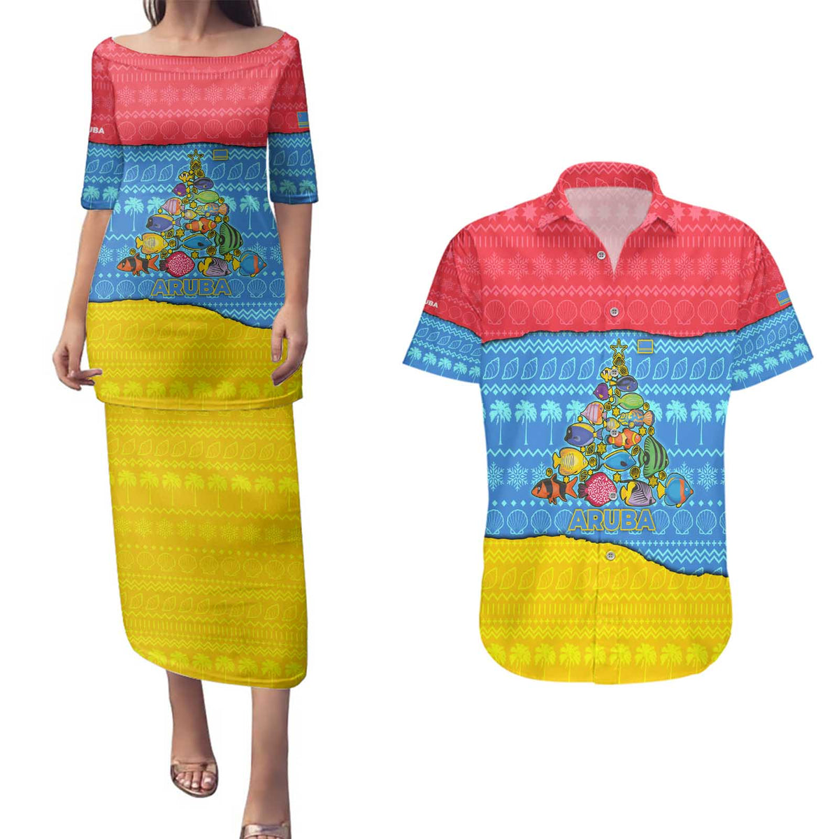 Aruba Christmas Couples Matching Puletasi and Hawaiian Shirt with Fish Christmas Tree Aruba Flag and Red Blue Yellow Tropical Pattern Design - Wonder Print Shop
