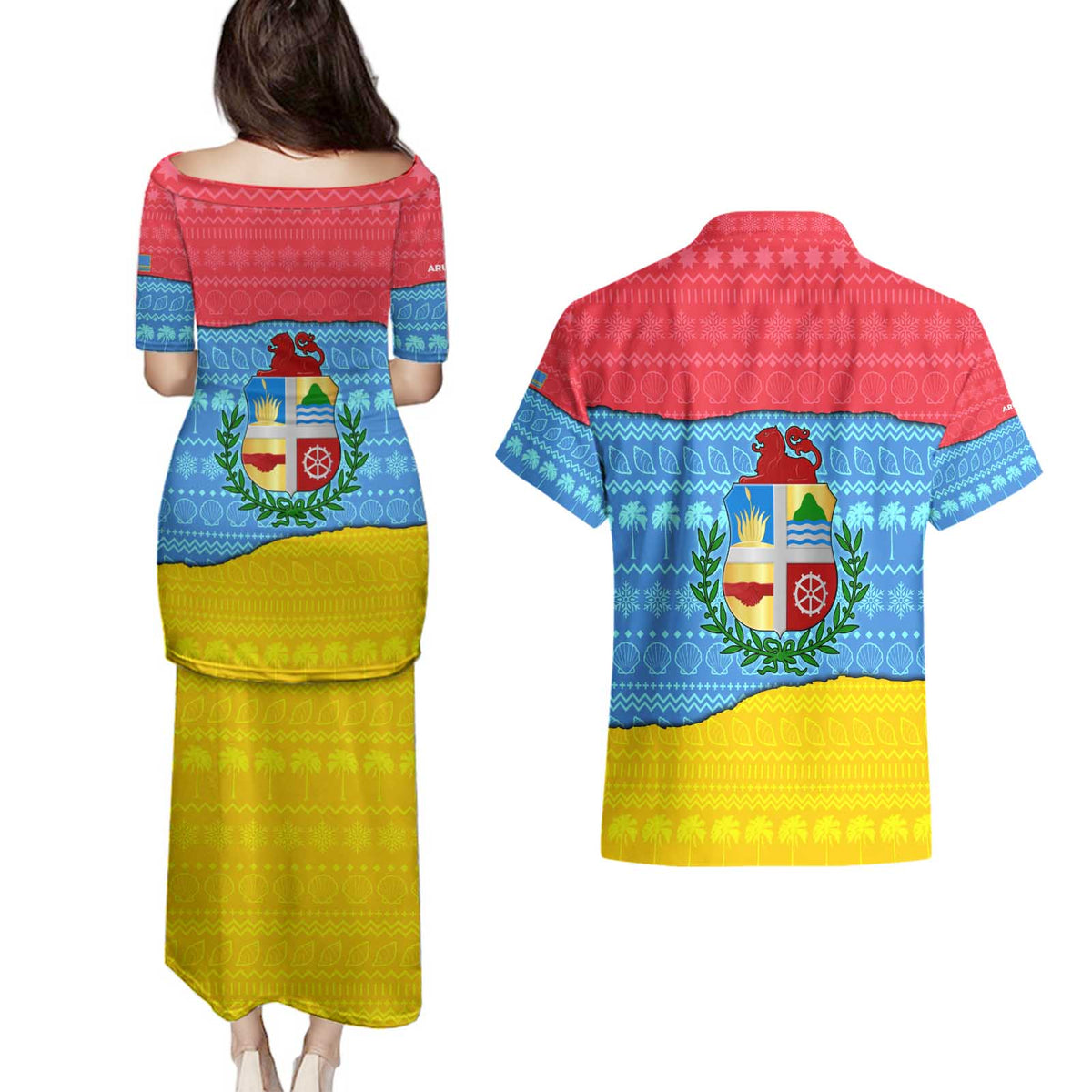 Aruba Christmas Couples Matching Puletasi and Hawaiian Shirt with Fish Christmas Tree Aruba Flag and Red Blue Yellow Tropical Pattern Design - Wonder Print Shop