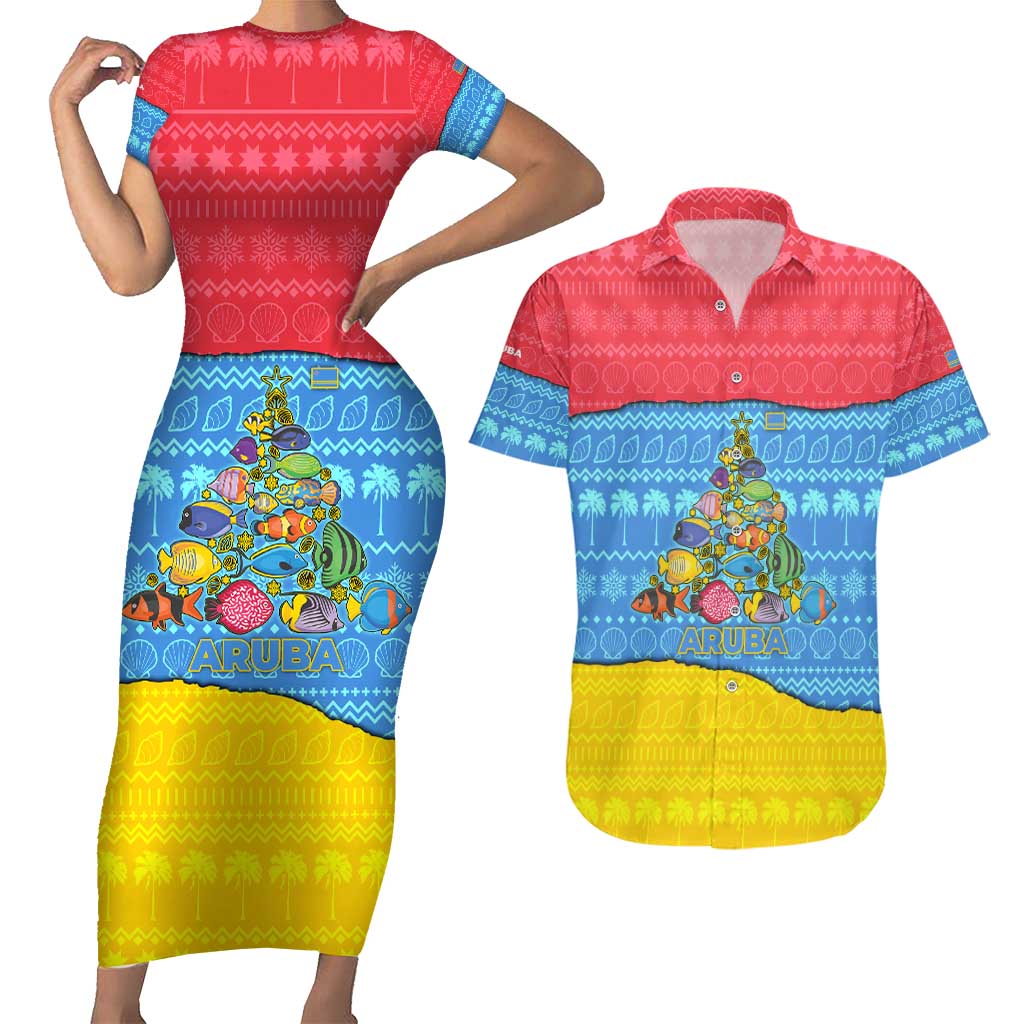 Aruba Christmas Couples Matching Short Sleeve Bodycon Dress and Hawaiian Shirt with Fish Christmas Tree Aruba Flag and Red Blue Yellow Tropical Pattern Design - Wonder Print Shop
