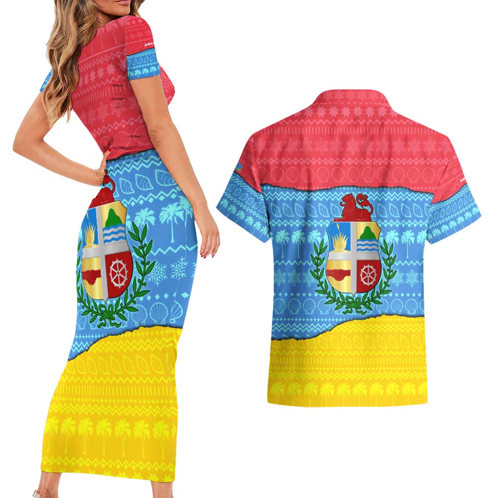 Aruba Christmas Couples Matching Short Sleeve Bodycon Dress and Hawaiian Shirt with Fish Christmas Tree Aruba Flag and Red Blue Yellow Tropical Pattern Design - Wonder Print Shop