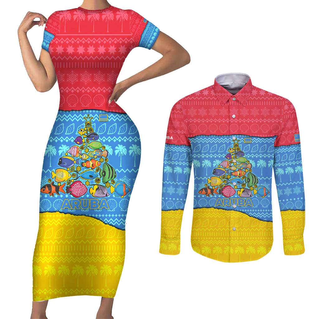 Aruba Christmas Couples Matching Short Sleeve Bodycon Dress and Long Sleeve Button Shirt with Fish Christmas Tree Aruba Flag and Red Blue Yellow Tropical Pattern Design - Wonder Print Shop