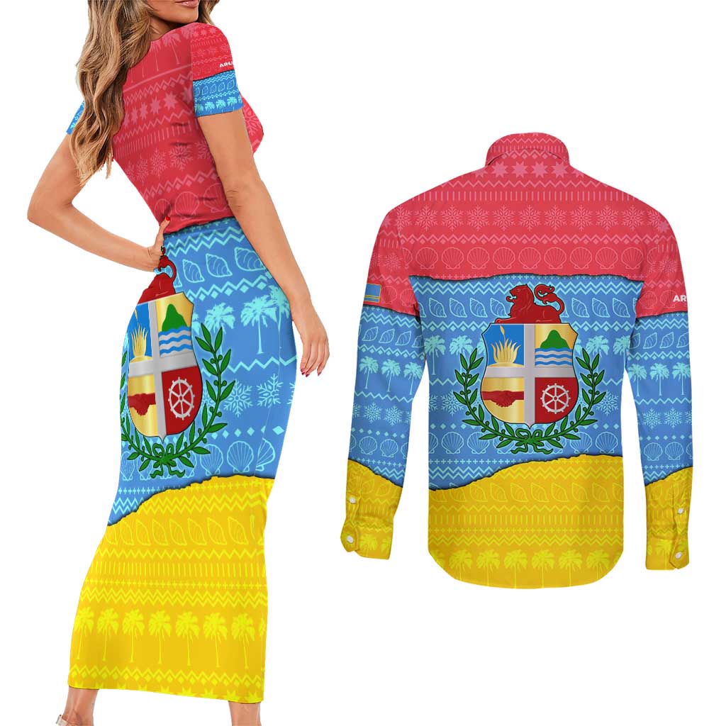 Aruba Christmas Couples Matching Short Sleeve Bodycon Dress and Long Sleeve Button Shirt with Fish Christmas Tree Aruba Flag and Red Blue Yellow Tropical Pattern Design - Wonder Print Shop