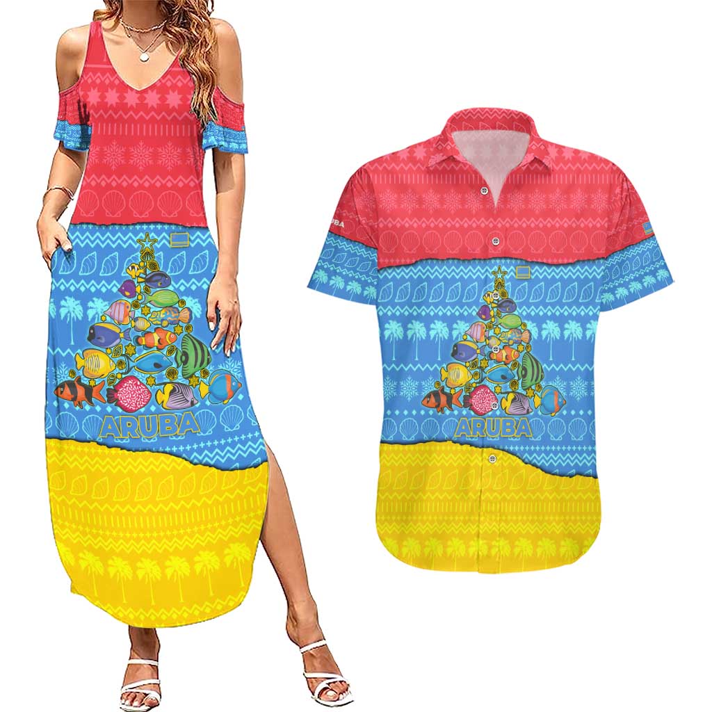 Aruba Christmas Couples Matching Summer Maxi Dress and Hawaiian Shirt with Fish Christmas Tree Aruba Flag and Red Blue Yellow Tropical Pattern Design - Wonder Print Shop