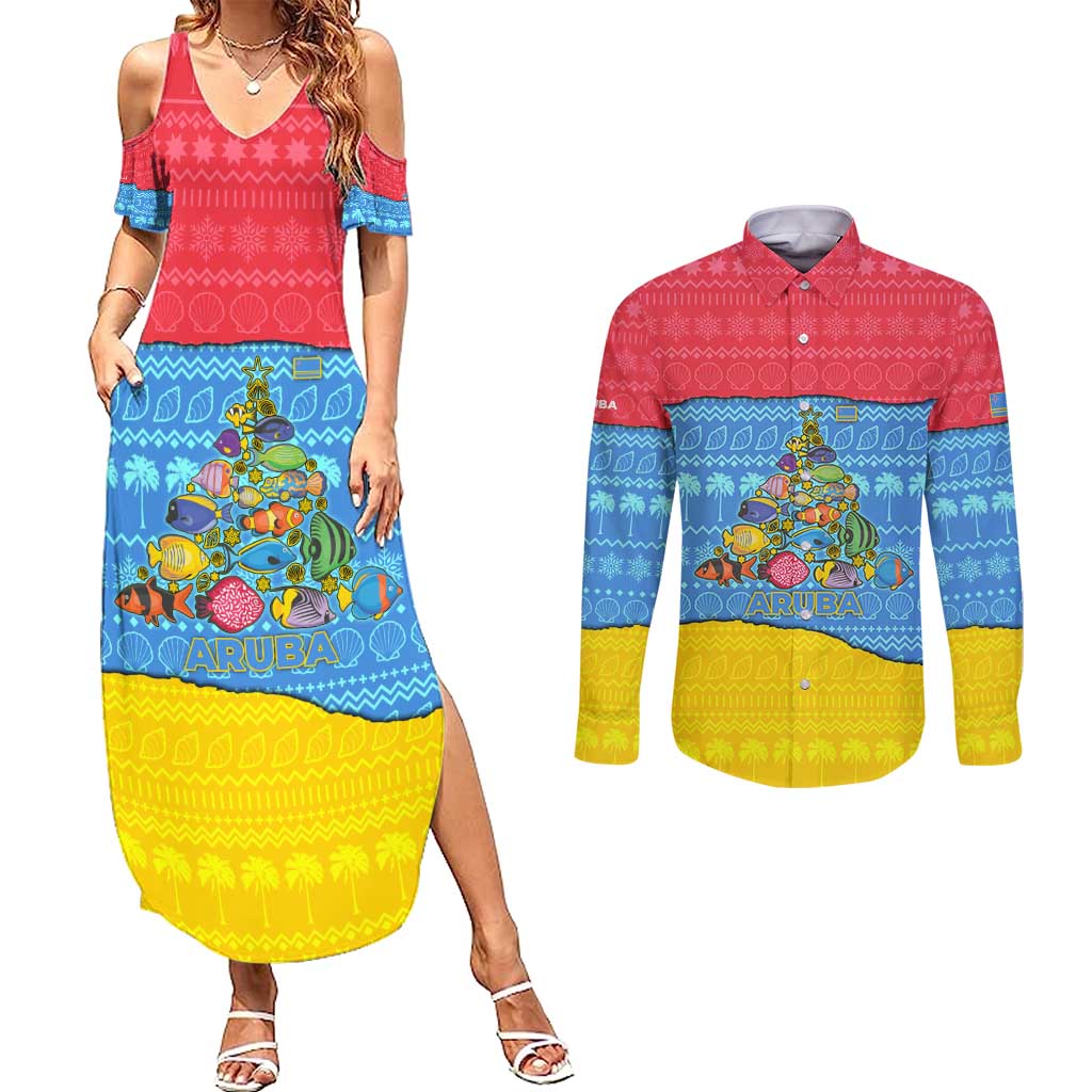 Aruba Christmas Couples Matching Summer Maxi Dress and Long Sleeve Button Shirt with Fish Christmas Tree Aruba Flag and Red Blue Yellow Tropical Pattern Design - Wonder Print Shop