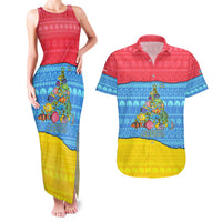 Aruba Christmas Couples Matching Tank Maxi Dress and Hawaiian Shirt with Fish Christmas Tree Aruba Flag and Red Blue Yellow Tropical Pattern Design - Wonder Print Shop