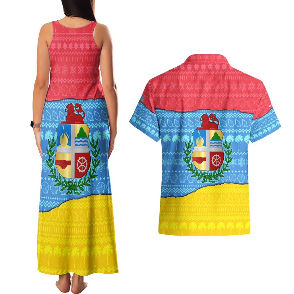 Aruba Christmas Couples Matching Tank Maxi Dress and Hawaiian Shirt with Fish Christmas Tree Aruba Flag and Red Blue Yellow Tropical Pattern Design - Wonder Print Shop