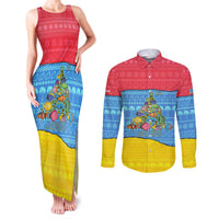 Aruba Christmas Couples Matching Tank Maxi Dress and Long Sleeve Button Shirt with Fish Christmas Tree Aruba Flag and Red Blue Yellow Tropical Pattern Design - Wonder Print Shop