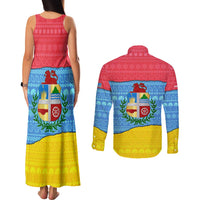 Aruba Christmas Couples Matching Tank Maxi Dress and Long Sleeve Button Shirt with Fish Christmas Tree Aruba Flag and Red Blue Yellow Tropical Pattern Design - Wonder Print Shop