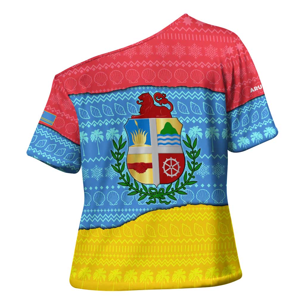 Aruba Christmas Cross Shoulder Shirt with Fish Christmas Tree Aruba Flag and Red Blue Yellow Tropical Pattern Design - Wonder Print Shop