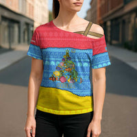 Aruba Christmas Cross Shoulder Shirt with Fish Christmas Tree Aruba Flag and Red Blue Yellow Tropical Pattern Design - Wonder Print Shop