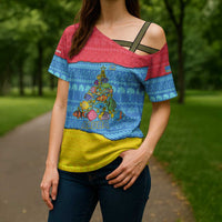 Aruba Christmas Cross Shoulder Shirt with Fish Christmas Tree Aruba Flag and Red Blue Yellow Tropical Pattern Design - Wonder Print Shop