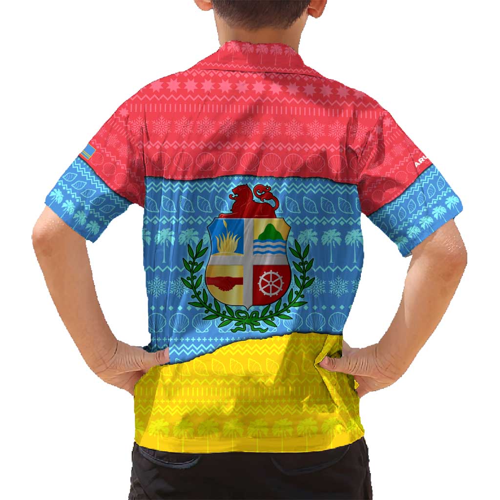 Aruba Christmas Family Matching Long Sleeve Bodycon Dress and Hawaiian Shirt with Fish Christmas Tree Aruba Flag and Red Blue Yellow Tropical Pattern Design - Wonder Print Shop