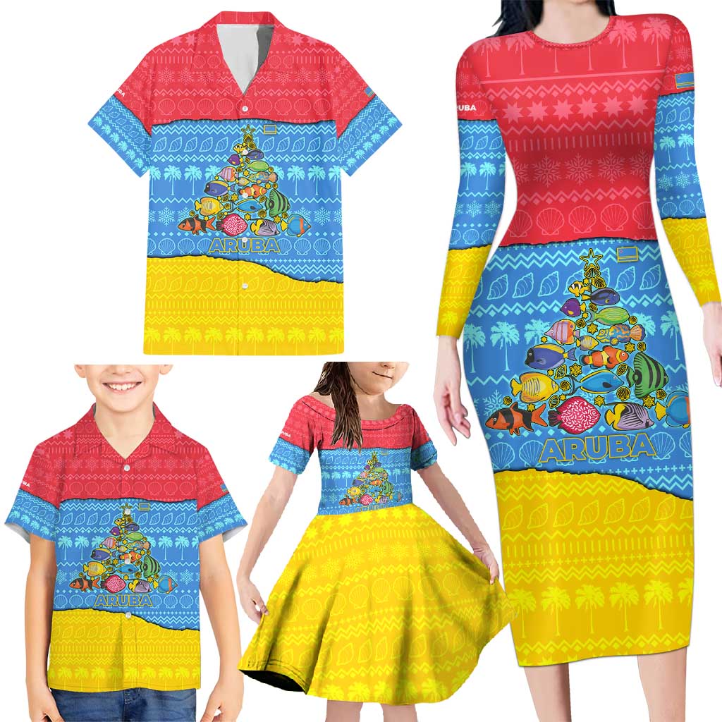 Aruba Christmas Family Matching Long Sleeve Bodycon Dress and Hawaiian Shirt with Fish Christmas Tree Aruba Flag and Red Blue Yellow Tropical Pattern Design - Wonder Print Shop