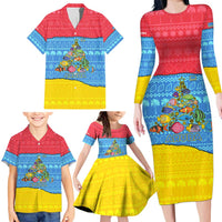 Aruba Christmas Family Matching Long Sleeve Bodycon Dress and Hawaiian Shirt with Fish Christmas Tree Aruba Flag and Red Blue Yellow Tropical Pattern Design - Wonder Print Shop