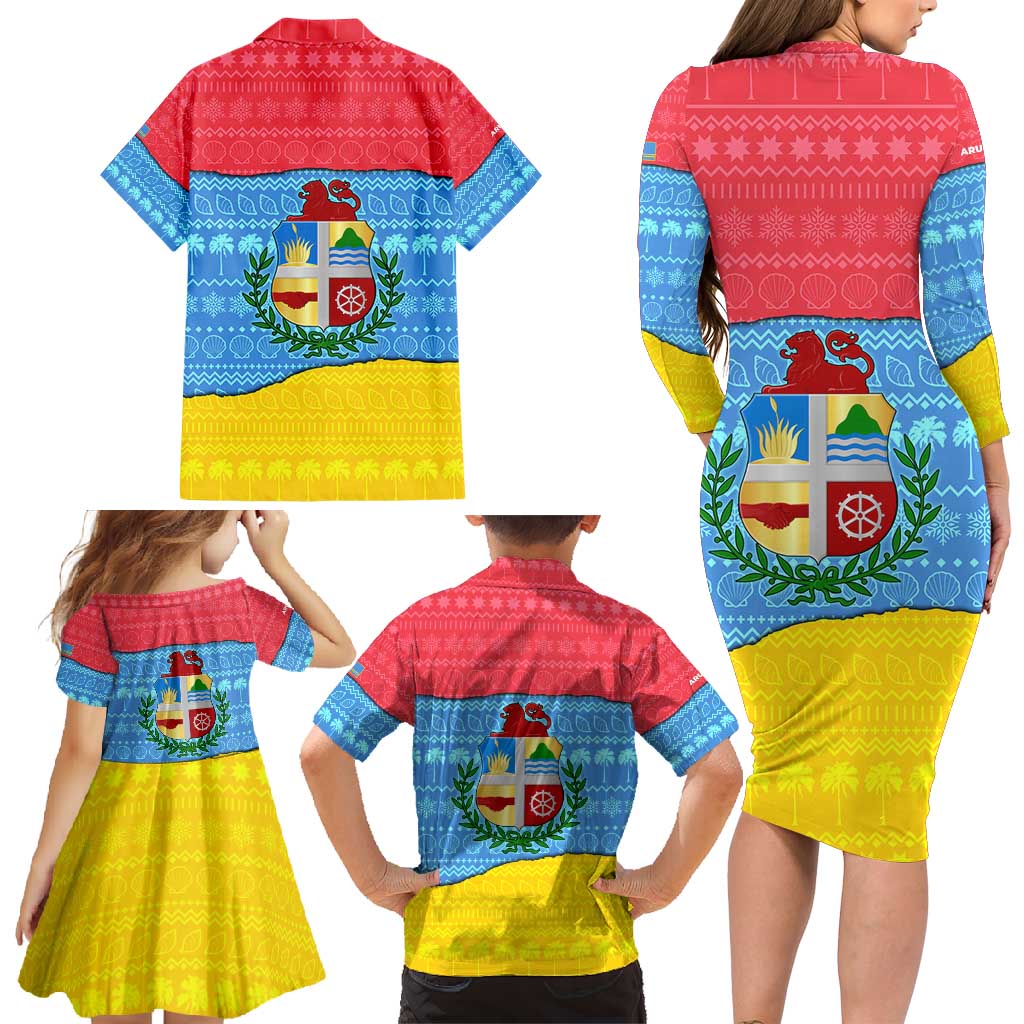 Aruba Christmas Family Matching Long Sleeve Bodycon Dress and Hawaiian Shirt with Fish Christmas Tree Aruba Flag and Red Blue Yellow Tropical Pattern Design - Wonder Print Shop