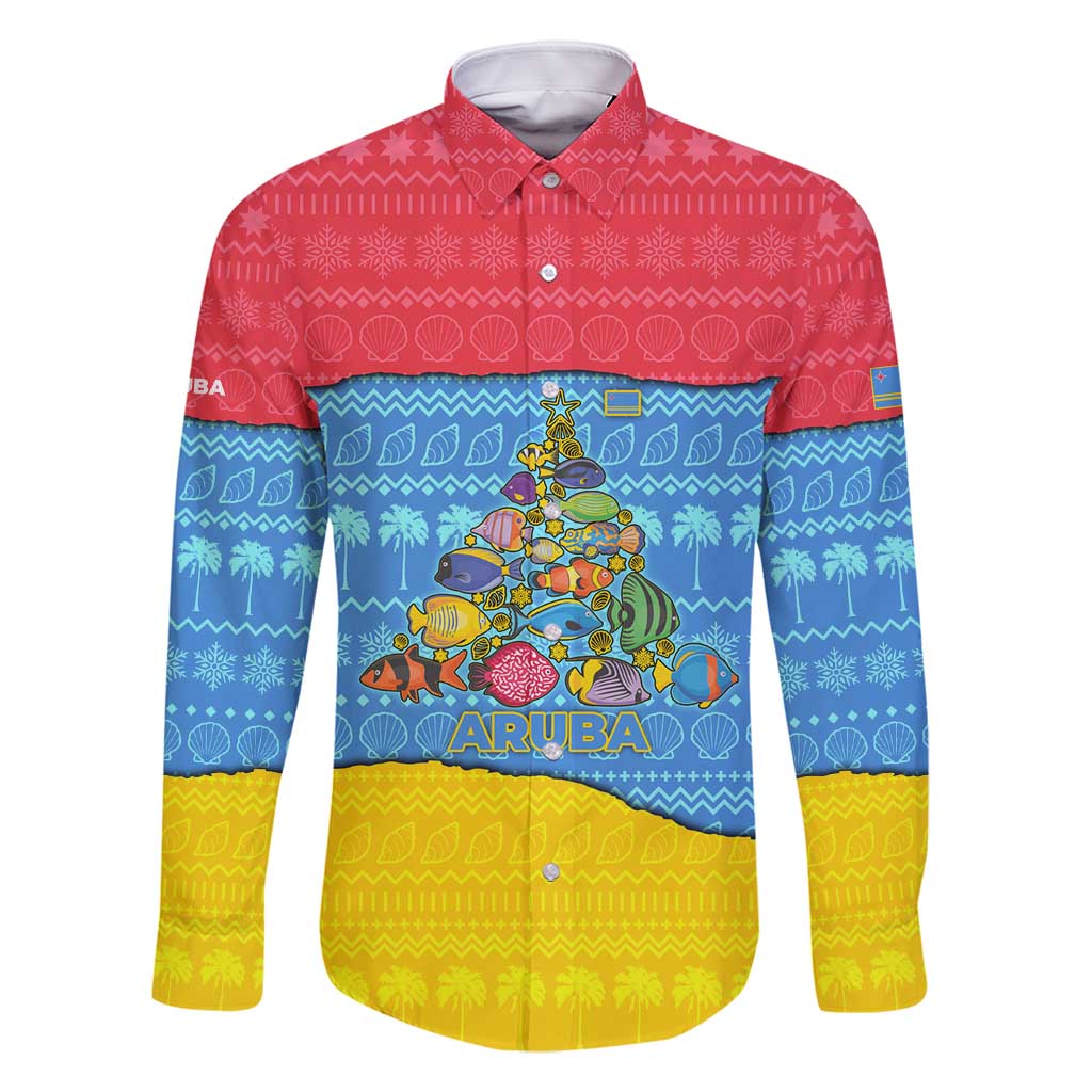 Aruba Christmas Family Matching Long Sleeve Bodycon Dress and Hawaiian Shirt with Fish Christmas Tree Aruba Flag and Red Blue Yellow Tropical Pattern Design - Wonder Print Shop