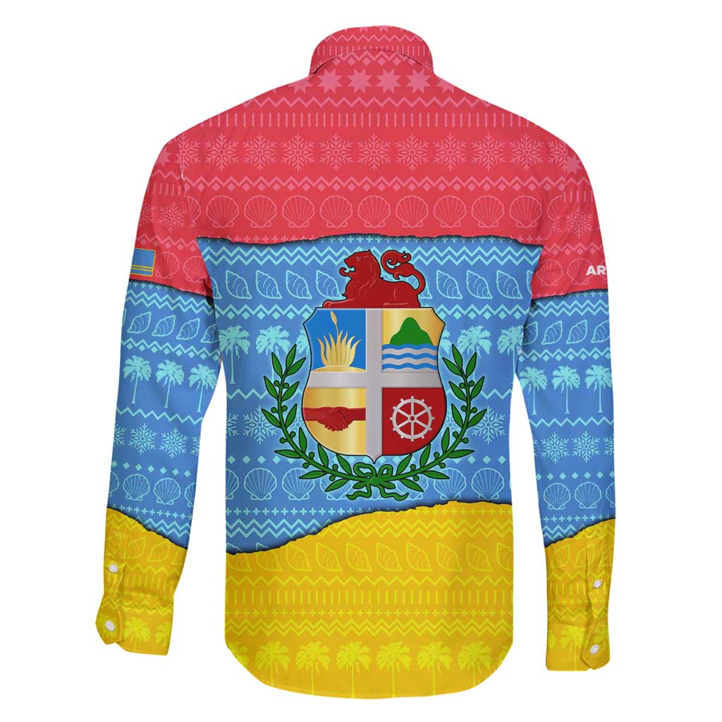 Aruba Christmas Family Matching Long Sleeve Bodycon Dress and Hawaiian Shirt with Fish Christmas Tree Aruba Flag and Red Blue Yellow Tropical Pattern Design - Wonder Print Shop