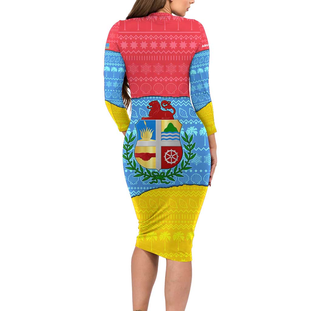 Aruba Christmas Family Matching Long Sleeve Bodycon Dress and Hawaiian Shirt with Fish Christmas Tree Aruba Flag and Red Blue Yellow Tropical Pattern Design - Wonder Print Shop