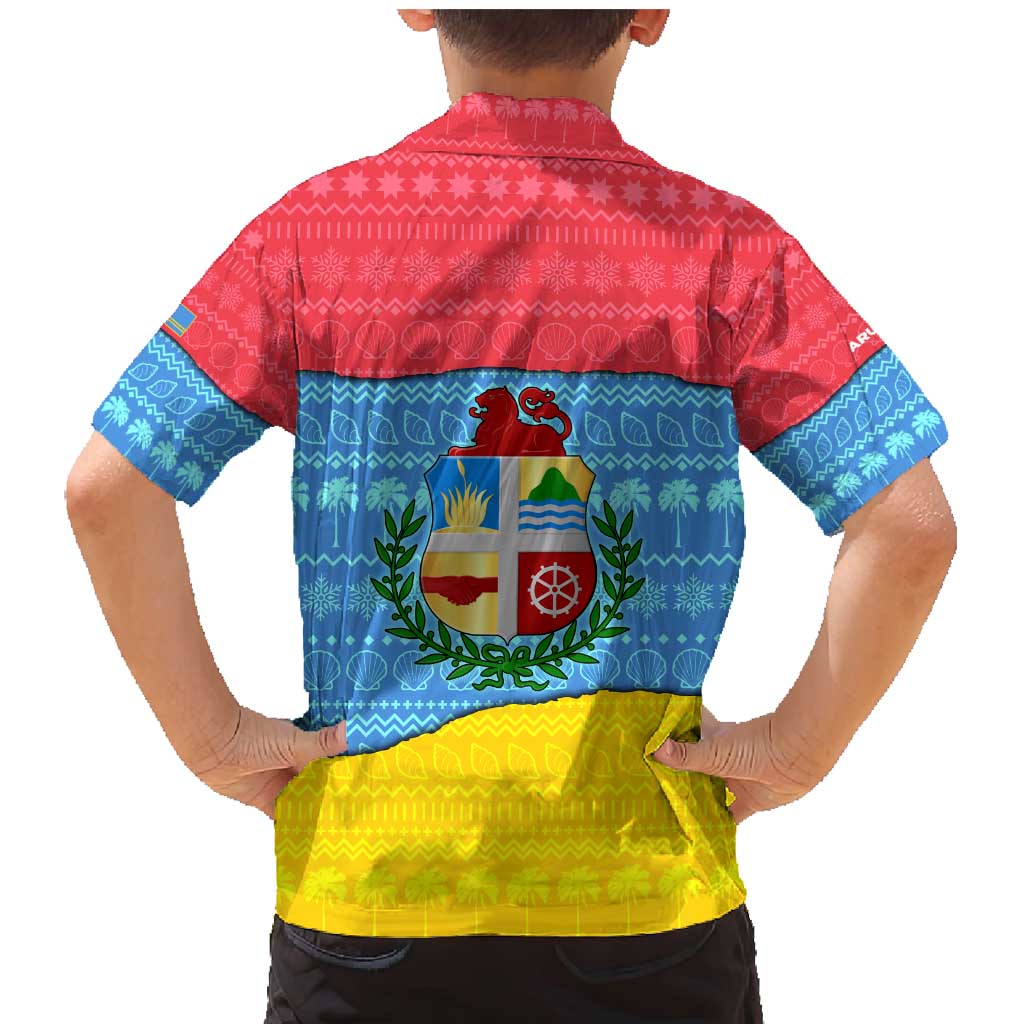 Aruba Christmas Family Matching Mermaid Dress and Hawaiian Shirt with Fish Christmas Tree Aruba Flag and Red Blue Yellow Tropical Pattern Design - Wonder Print Shop