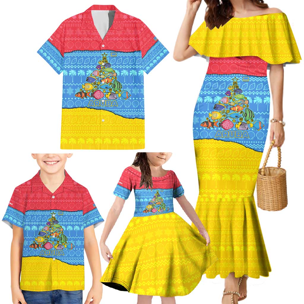 Aruba Christmas Family Matching Mermaid Dress and Hawaiian Shirt with Fish Christmas Tree Aruba Flag and Red Blue Yellow Tropical Pattern Design - Wonder Print Shop