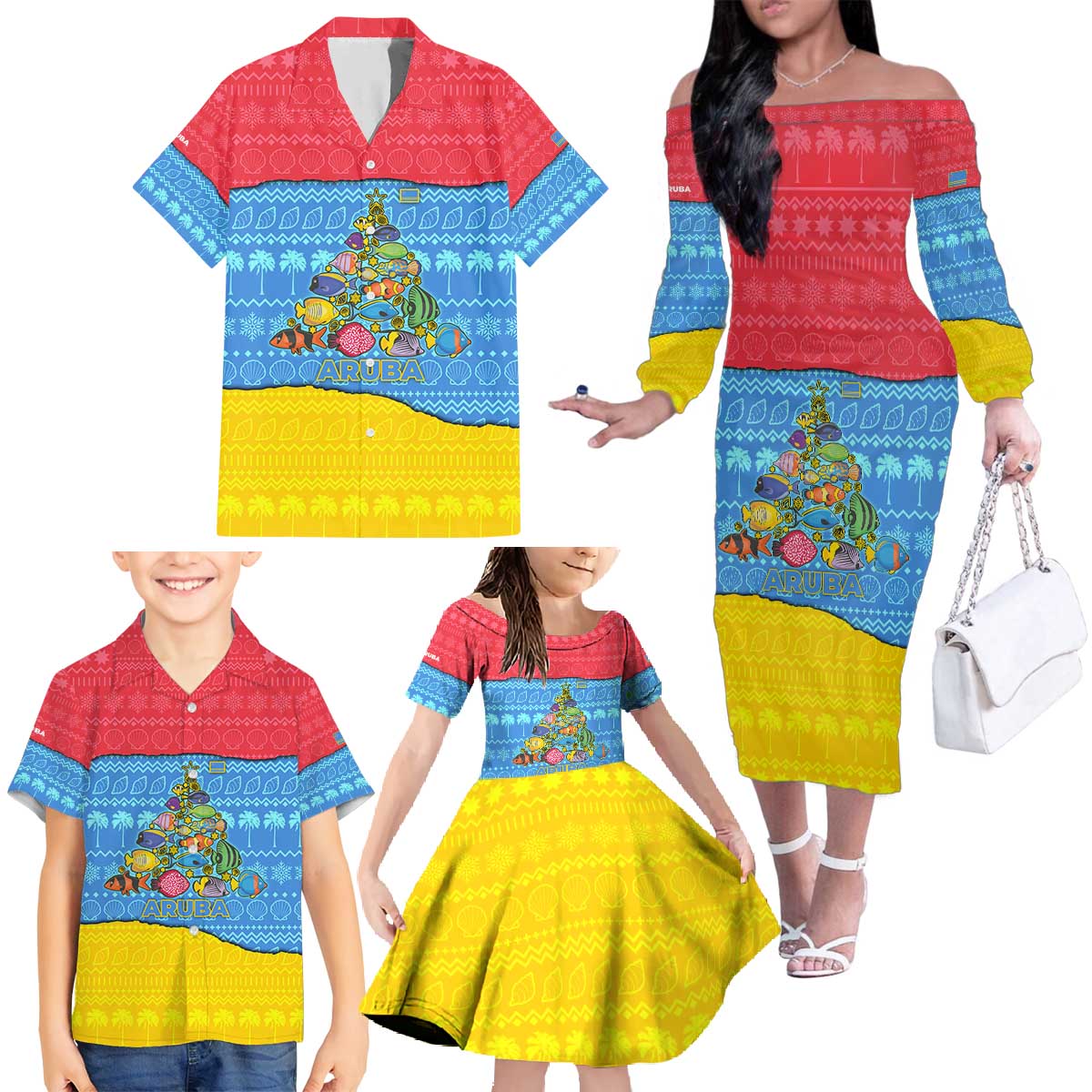 Aruba Christmas Family Matching Off The Shoulder Long Sleeve Dress and Hawaiian Shirt with Fish Christmas Tree Aruba Flag and Red Blue Yellow Tropical Pattern Design - Wonder Print Shop