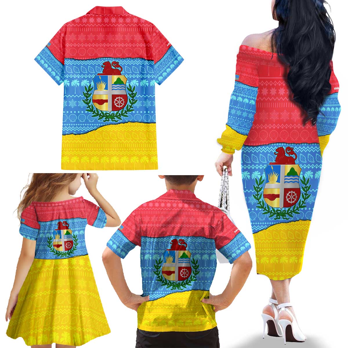 Aruba Christmas Family Matching Off The Shoulder Long Sleeve Dress and Hawaiian Shirt with Fish Christmas Tree Aruba Flag and Red Blue Yellow Tropical Pattern Design - Wonder Print Shop