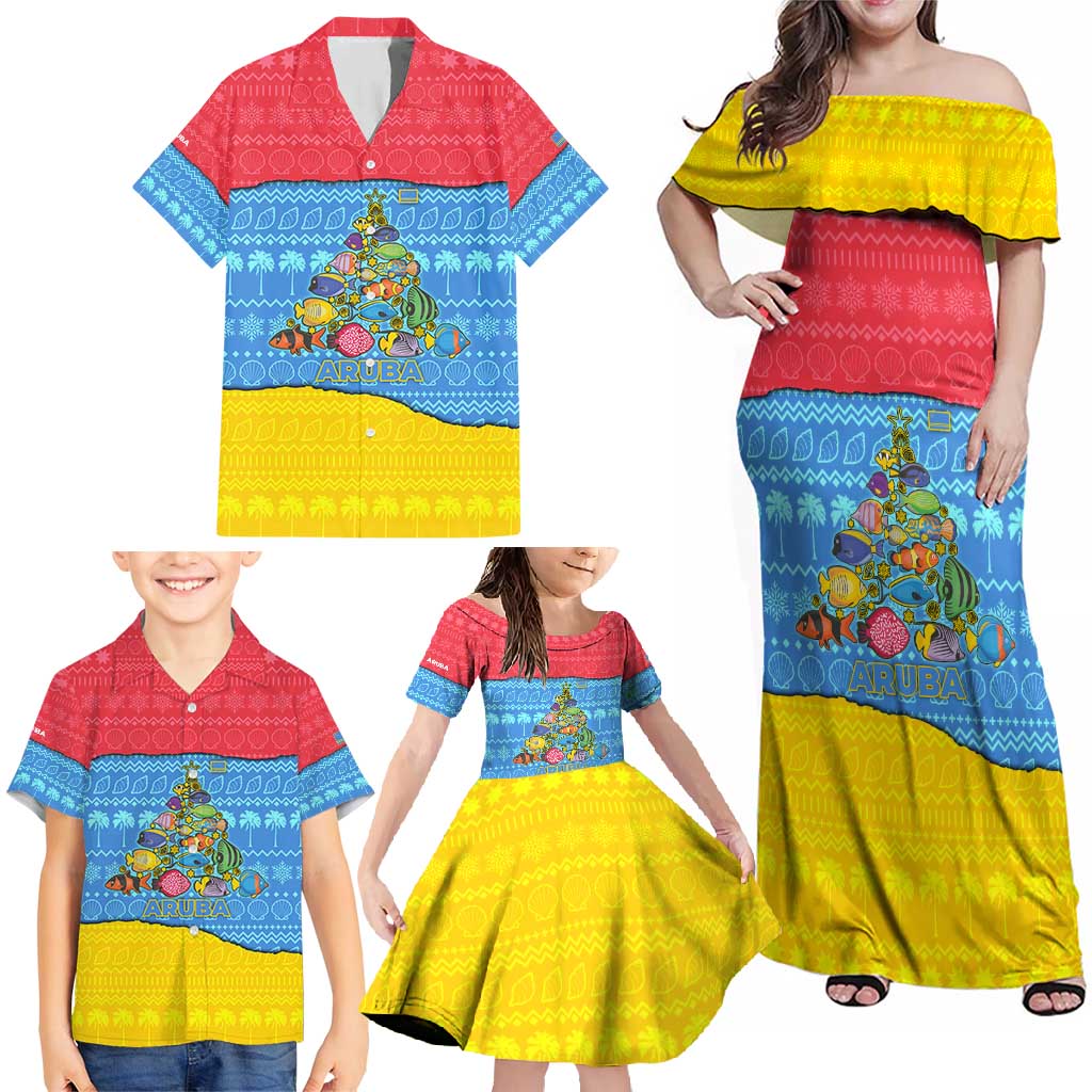 Aruba Christmas Family Matching Off Shoulder Maxi Dress and Hawaiian Shirt with Fish Christmas Tree Aruba Flag and Red Blue Yellow Tropical Pattern Design - Wonder Print Shop