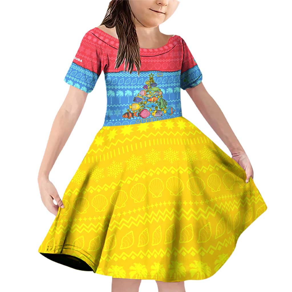 Aruba Christmas Family Matching Off Shoulder Short Dress and Hawaiian Shirt with Fish Christmas Tree Aruba Flag and Red Blue Yellow Tropical Pattern Design - Wonder Print Shop