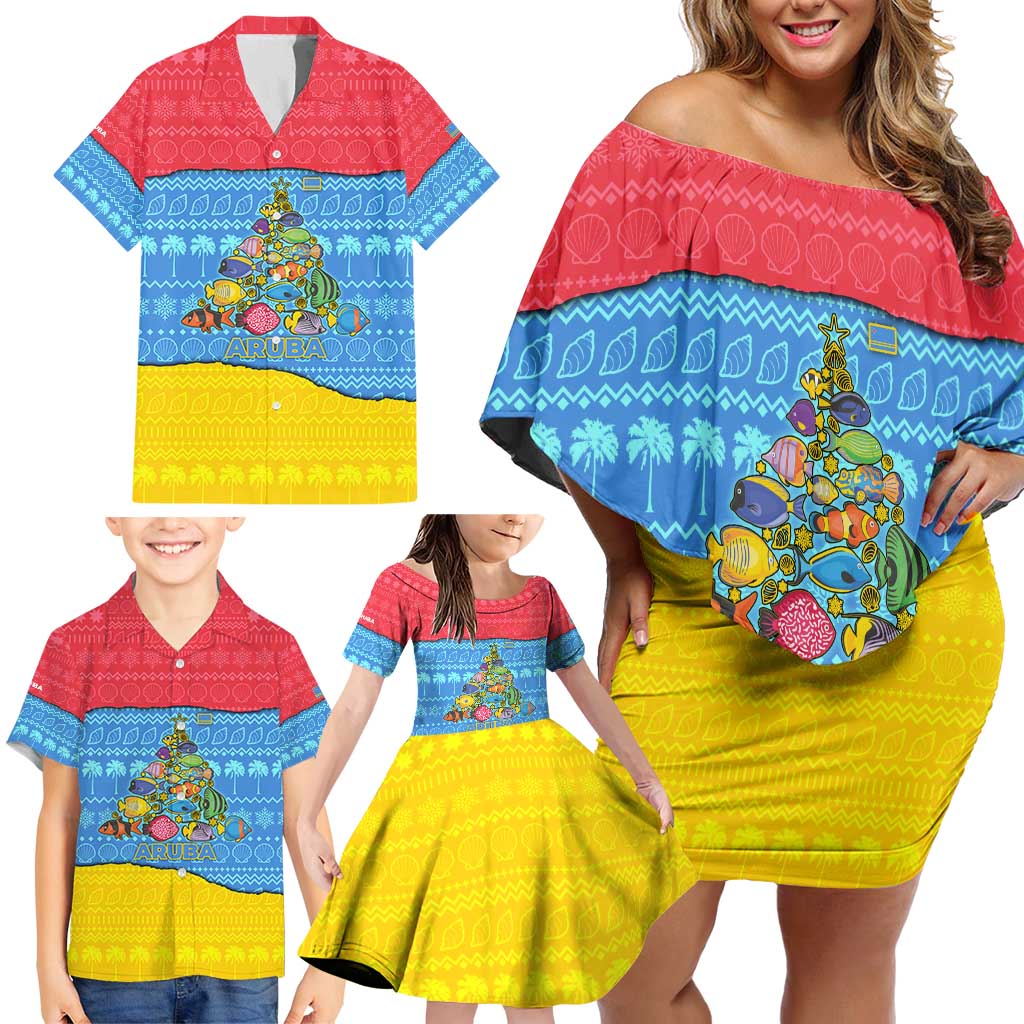 Aruba Christmas Family Matching Off Shoulder Short Dress and Hawaiian Shirt with Fish Christmas Tree Aruba Flag and Red Blue Yellow Tropical Pattern Design - Wonder Print Shop
