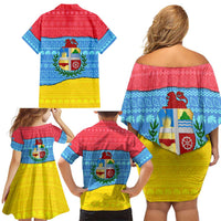 Aruba Christmas Family Matching Off Shoulder Short Dress and Hawaiian Shirt with Fish Christmas Tree Aruba Flag and Red Blue Yellow Tropical Pattern Design - Wonder Print Shop