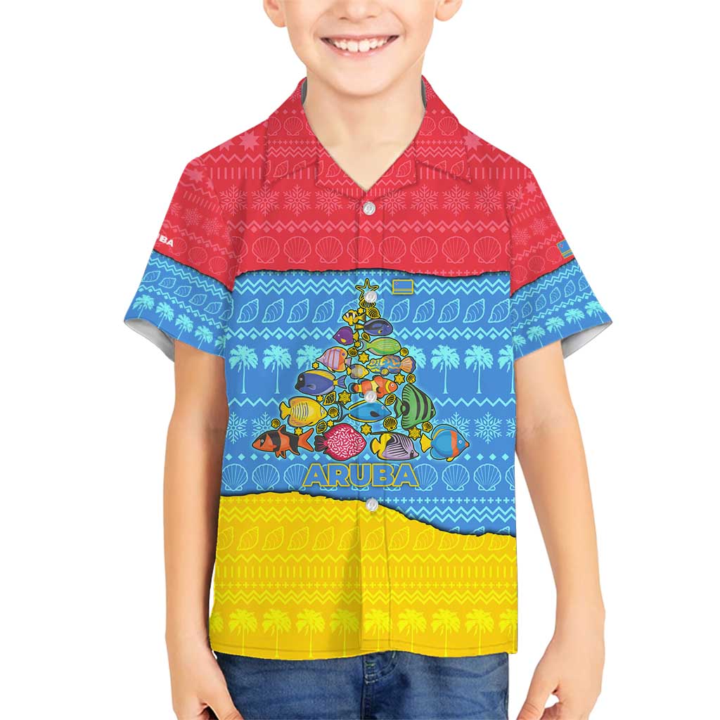 Aruba Christmas Family Matching Off Shoulder Short Dress and Hawaiian Shirt with Fish Christmas Tree Aruba Flag and Red Blue Yellow Tropical Pattern Design - Wonder Print Shop